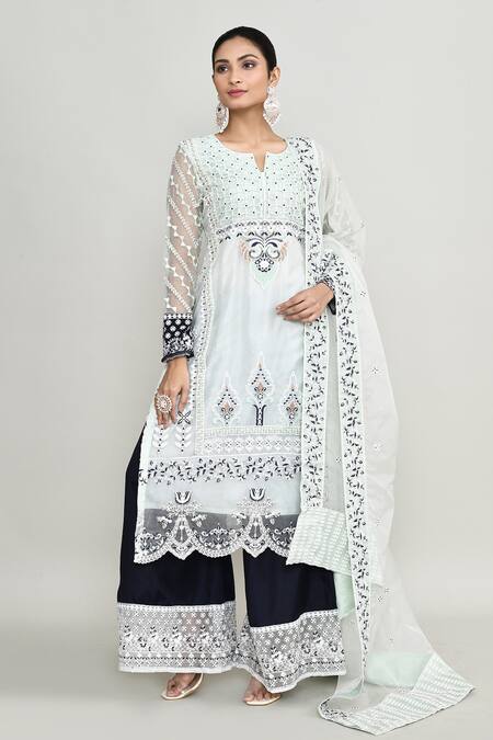 Buy Abbaran Blue Net, Jacquard Embroidery, Zari, Stones Keyhole Light Kurta Palazzo Set Buy_Abbaran_Blue Net, Jacquard Embroidery, Zari, Stones Keyhole Light Kurta Palazzo Set