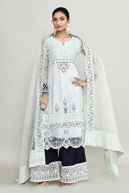 Abbaran Blue Net, Jacquard Embroidery, Zari, Stones Keyhole Light Kurta Palazzo Set 