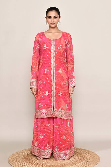 Abbaran_Pink Chinon Embroidery, Sequins Round Neck Silk Kurta Set_Online_at_Aza_Fashions