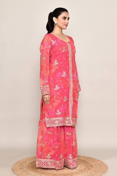 Abbaran_Pink Chinon Embroidery, Sequins Round Neck Silk Kurta Set_at_Aza_Fashions