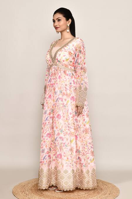 Buy_Abbaran_Off White Georgette, Shantoon, Chiffon Embroidery, Sequins Floral Anarkali Set_Online_at_Aza_Fashions