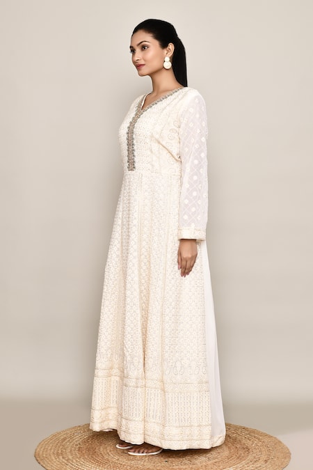 Buy_Abbaran_White Georgette, Chinon Stones, Sequins V-neck Anarkali Set_Online_at_Aza_Fashions