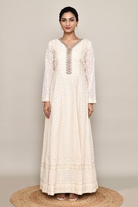Abbaran_White Georgette, Chinon Stones, Sequins V-neck Anarkali Set_at_Aza_Fashions