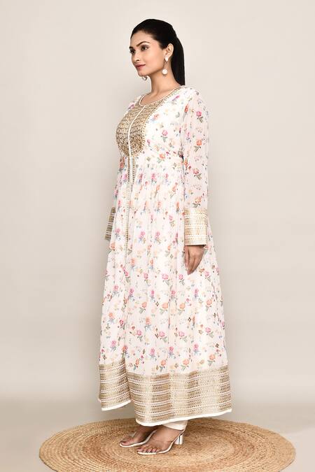 Abbaran_Off White Silk, Organza Embroidery, Sequins Round Neck, Kurta Palazzo Set _Online_at_Aza_Fashions