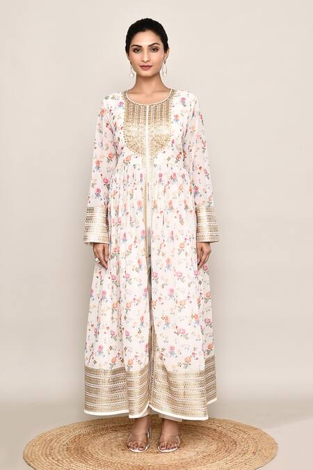 Buy_Abbaran_Off White Silk, Organza Embroidery, Sequins Round Neck, Kurta Palazzo Set _Online_at_Aza_Fashions