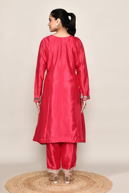 Shop_Abbaran_Pink Chinon, Organza Sequins, Embroidery V-neck Kurta Palazzo Set _at_Aza_Fashions