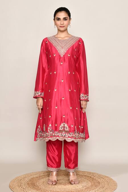 Buy_Abbaran_Pink Chinon, Organza Sequins, Embroidery V-neck Kurta Palazzo Set _Online_at_Aza_Fashions