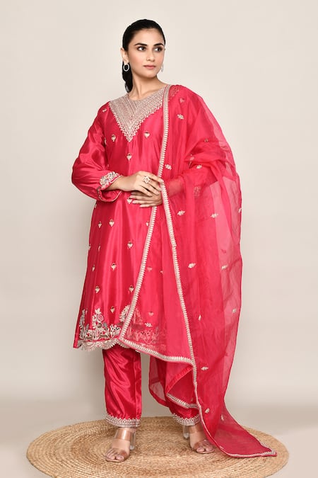 Abbaran Pink Chinon, Organza Sequins, Embroidery V-neck Kurta Palazzo Set 
