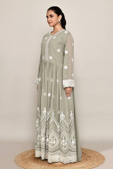 Buy_Abbaran_Green Georgette Embroidery, Sequins Round Neck Dusty Anarkali Set_Online_at_Aza_Fashions
