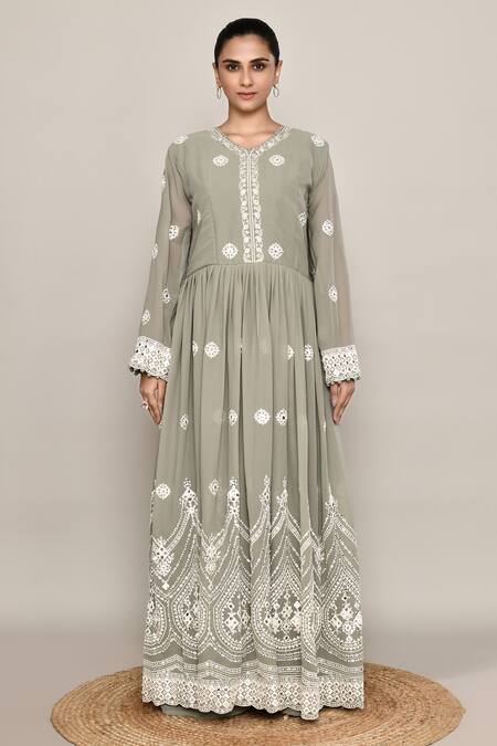 Shop_Abbaran_Green Georgette Embroidery, Sequins Round Neck Dusty Anarkali Set_Online_at_Aza_Fashions