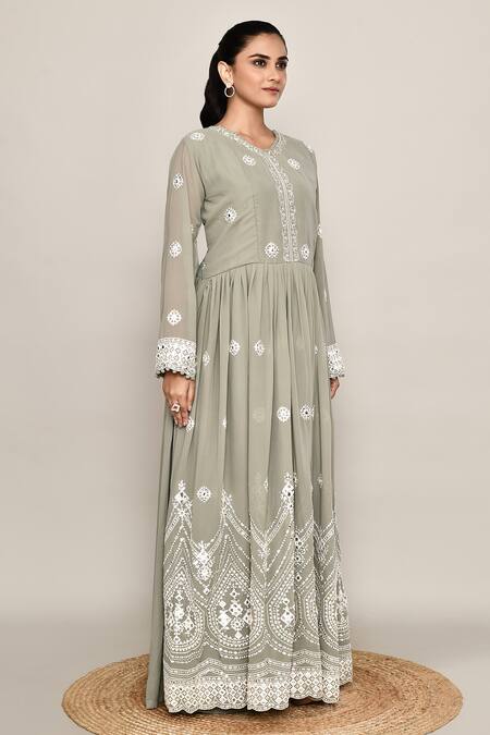 Abbaran_Green Georgette Embroidery, Sequins Round Neck Dusty Anarkali Set_at_Aza_Fashions