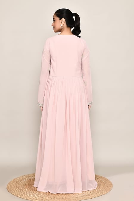 Shop_Abbaran_Pink Georgette Embroidery, Sequins Round Neck Anarkali Palazzo Set _at_Aza_Fashions