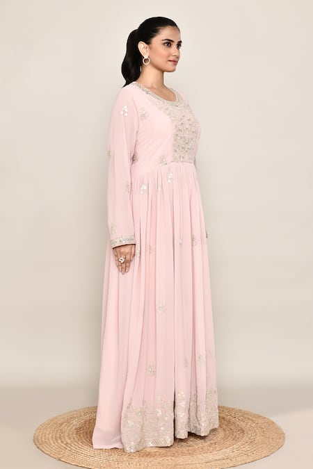 Abbaran_Pink Georgette Embroidery, Sequins Round Neck Anarkali Palazzo Set _Online_at_Aza_Fashions