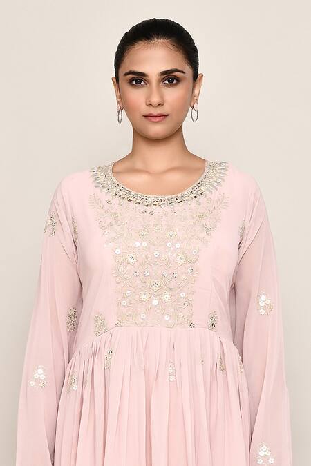 Buy Abbaran Pink Georgette Embroidery, Sequins Round Neck Anarkali Palazzo Set Online at Aza Fashions Buy_Abbaran_Pink Georgette Embroidery, Sequins Round Neck Anarkali Palazzo Set _Online_at_Aza_Fashions