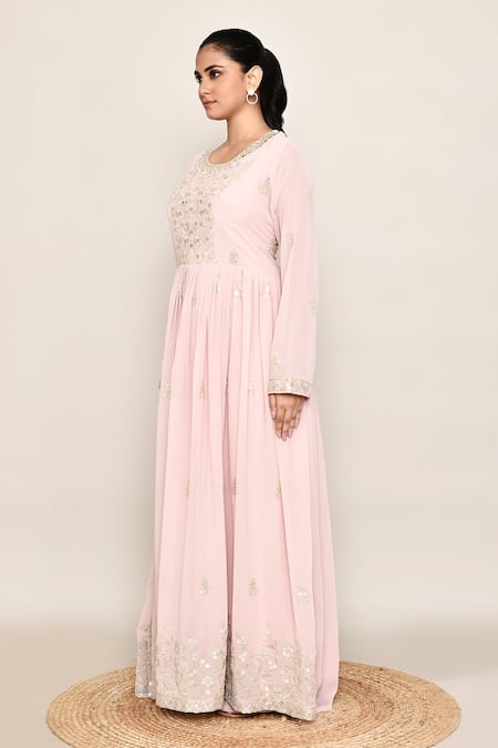 Abbaran_Pink Georgette Embroidery, Sequins Round Neck Anarkali Palazzo Set _at_Aza_Fashions