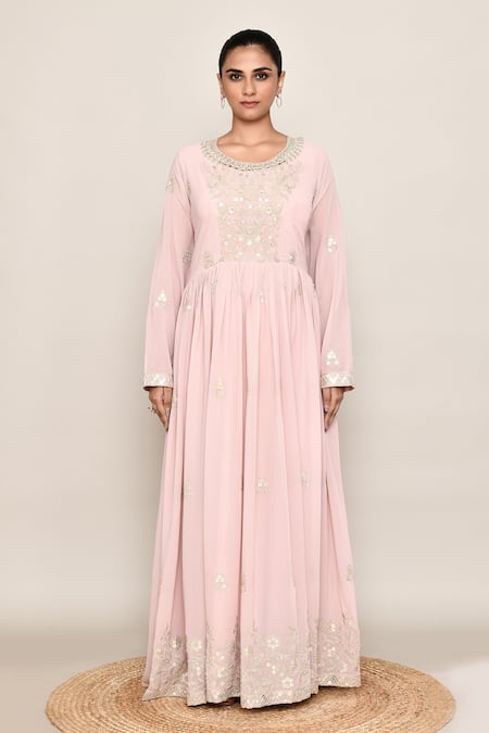 Buy_Abbaran_Pink Georgette Embroidery, Sequins Round Neck Anarkali Palazzo Set 