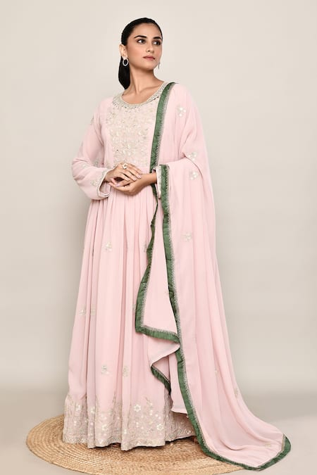 Abbaran Pink Georgette Embroidery, Sequins Round Neck Anarkali Palazzo Set 