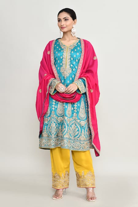 Shop_Abbaran_Blue Chinon Embroidery, Sequins Round Neck Kurta Set _Online_at_Aza_Fashions