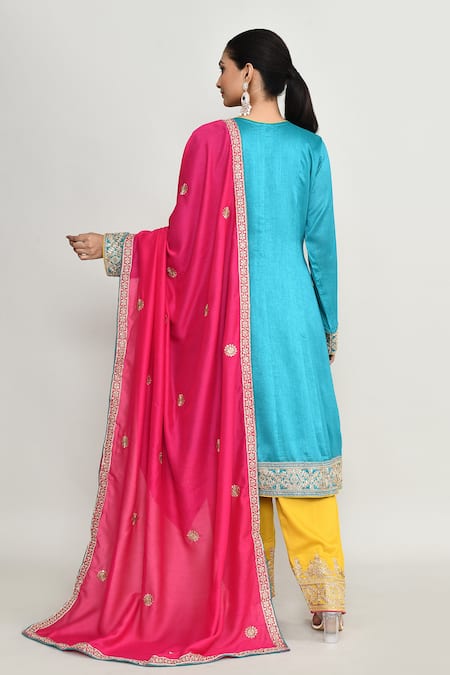 Abbaran_Blue Chinon Embroidery, Sequins Round Neck Kurta Set _Online_at_Aza_Fashions