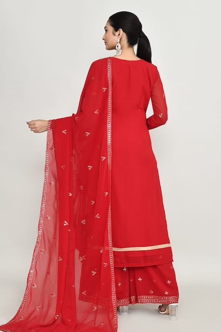Abbaran Red Net Embroidered Kurta Set 