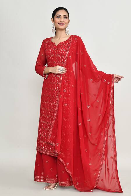 Shop_Abbaran_Red Net Stones, Zari Round Neck Embroidered Kurta Set _Online_at_Aza_Fashions