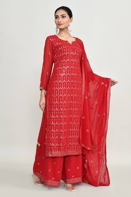 Buy_Abbaran_Red Net Stones, Zari Round Neck Embroidered Kurta Set 
