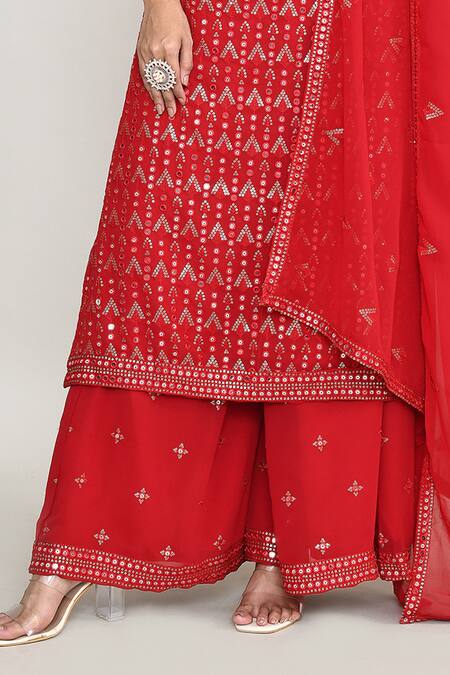 Shop_Abbaran_Red Net Stones, Zari Round Neck Embroidered Kurta Set 