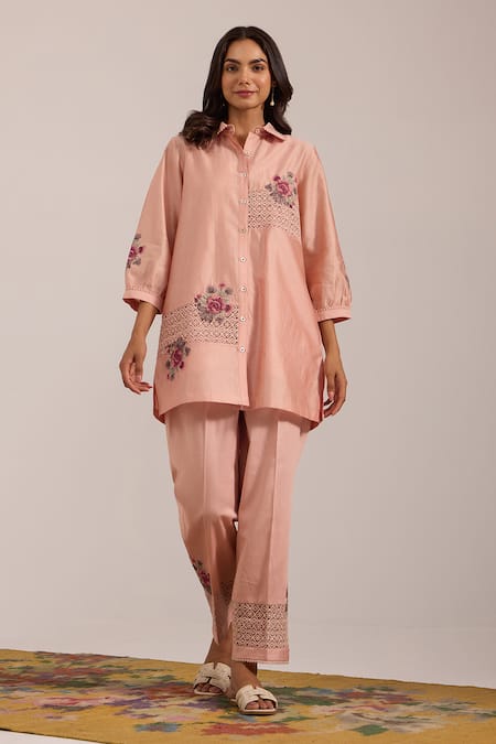 OMI_Pink Chanderi, Cotton Satin Embroidery, Lace Collared Mul Pant Set _Online_at_Aza_Fashions