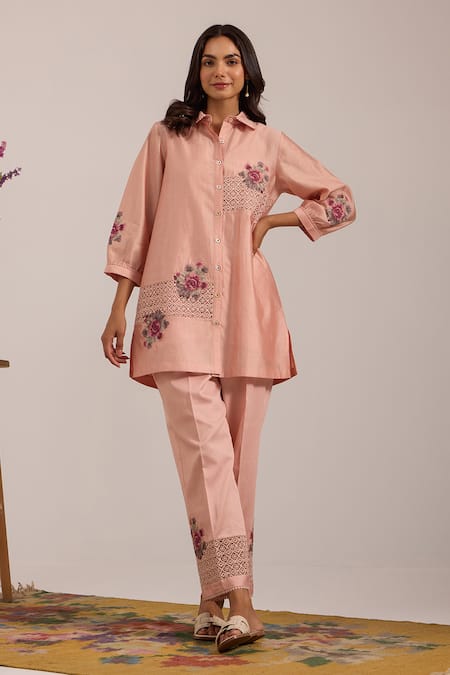 OMI Pink Chanderi, Cotton Satin Embroidery, Lace Collared Mul Pant Set 