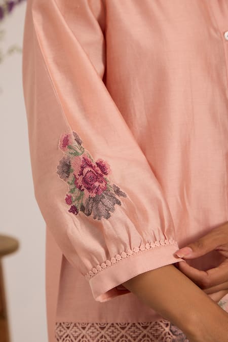 Shop_OMI_Pink Chanderi, Cotton Satin Embroidery, Lace Collared Mul Pant Set _Online_at_Aza_Fashions