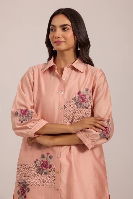 OMI_Pink Chanderi, Cotton Satin Embroidery, Lace Collared Mul Pant Set _at_Aza_Fashions