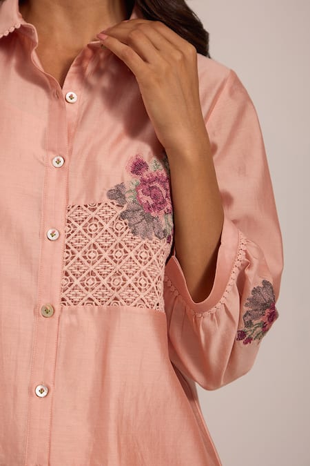 Buy_OMI_Pink Chanderi, Cotton Satin Embroidery, Lace Collared Mul Pant Set 