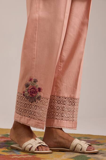 Shop_OMI_Pink Chanderi, Cotton Satin Embroidery, Lace Collared Mul Pant Set 
