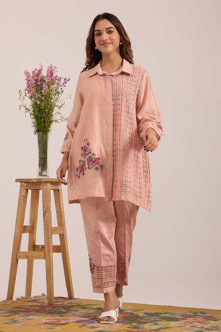 OMI Pink Embroidered Chanderi Pant Set 