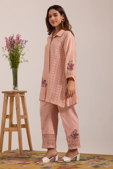 Buy_OMI_Pink Chanderi, Cotton Satin Embroidery Collared Pant Set _Online_at_Aza_Fashions