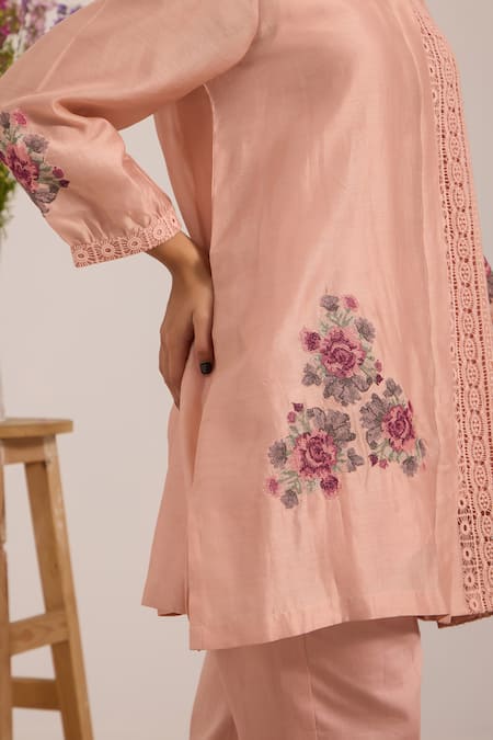 Shop_OMI_Pink Chanderi, Cotton Satin Embroidery Collared Pant Set _Online_at_Aza_Fashions