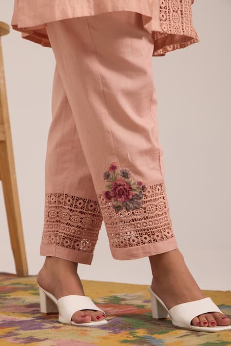 OMI_Pink Chanderi, Cotton Satin Embroidery Collared Pant Set _at_Aza_Fashions