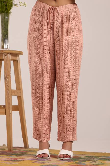 Buy_OMI_Pink Chanderi, Cotton Satin Embroidery Collared Pant Set 