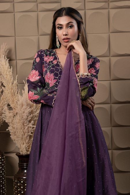 Label Flamingo By Vrinda_Purple Chiffon, Chanderi, Organza Cut Work, Zig-zag Embroidered Anarkali Set _Online_at_Aza_Fashions