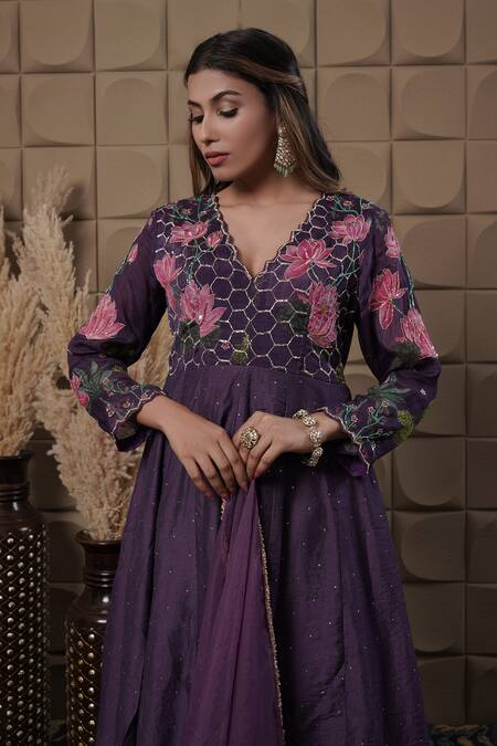 Buy_Label Flamingo By Vrinda_Purple Chiffon, Chanderi, Organza Cut Work, Zig-zag Embroidered Anarkali Set _Online_at_Aza_Fashions