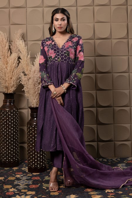 Shop_Label Flamingo By Vrinda_Purple Chiffon, Chanderi, Organza Cut Work, Zig-zag Embroidered Anarkali Set _Online_at_Aza_Fashions