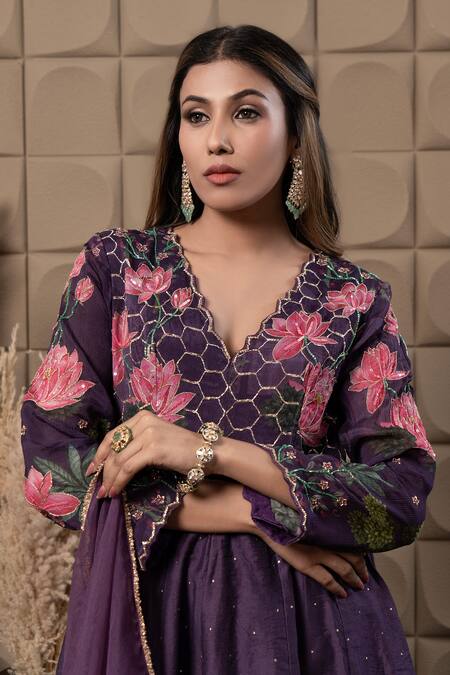 Label Flamingo By Vrinda_Purple Chiffon, Chanderi, Organza Cut Work, Zig-zag Embroidered Anarkali Set _at_Aza_Fashions
