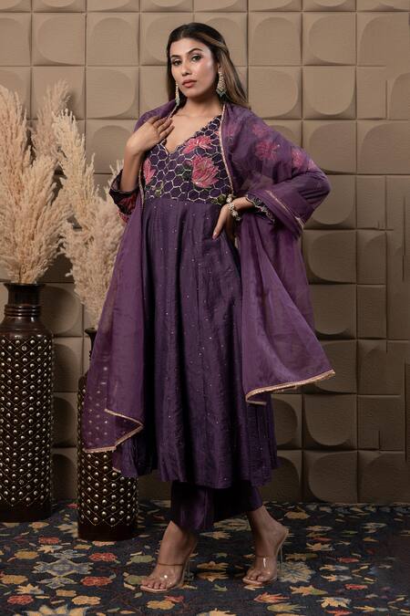 Buy_Label Flamingo By Vrinda_Purple Chiffon, Chanderi, Organza Cut Work, Zig-zag Embroidered Anarkali Set 