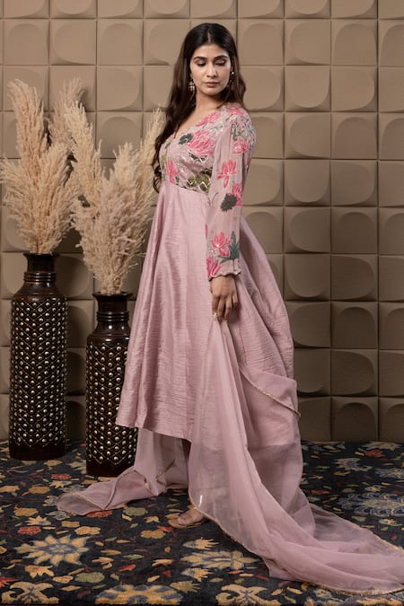 Label Flamingo By Vrinda_Pink Chiffon, Chanderi, Organza Cut Work, Sequins, Pearls Zig-zag Anarkali Set _Online_at_Aza_Fashions