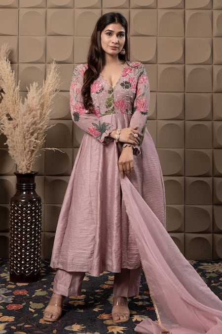 Buy_Label Flamingo By Vrinda_Pink Chiffon, Chanderi, Organza Cut Work, Sequins, Pearls Zig-zag Anarkali Set _Online_at_Aza_Fashions
