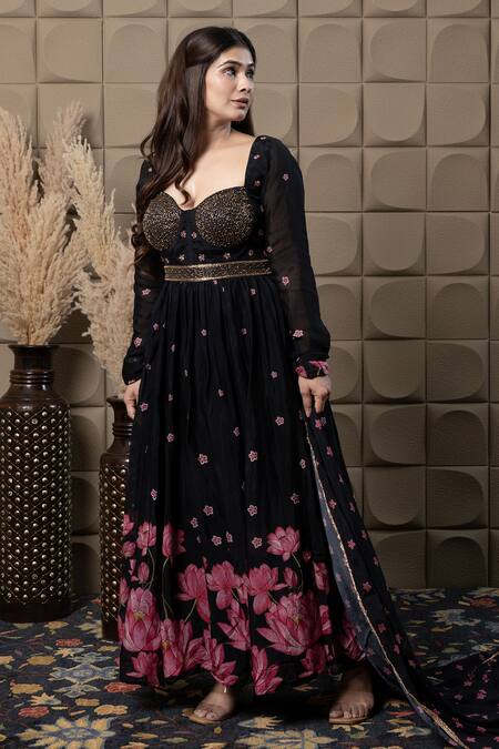 Buy_Label Flamingo By Vrinda_Black Chiffon, Crepe Cut Work, Sequins, Pearls Sweetheart Corset Anarkali Set _Online_at_Aza_Fashions