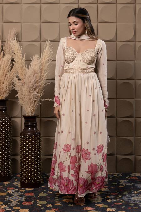 Buy_Label Flamingo By Vrinda_Ivory Chiffon Cut Work, Sequins, Pearls Sweetheart Neck Corset Anarkali Set _Online_at_Aza_Fashions