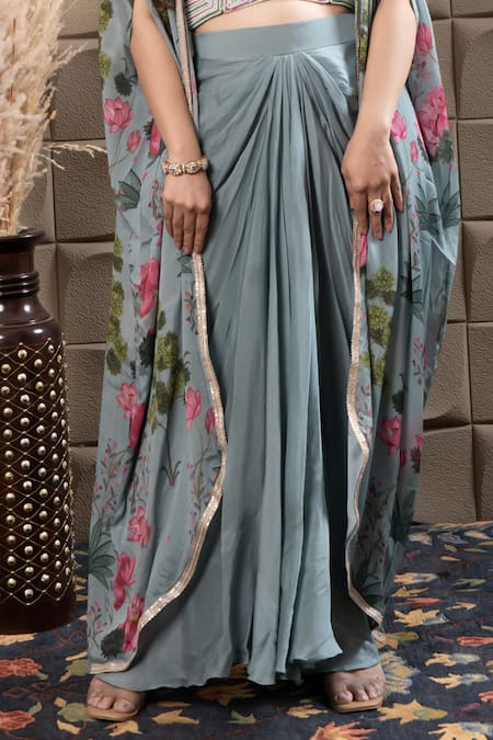 Label Flamingo By Vrinda_Aqua Chiffon Sequins, Pearls Scoop Neck Drape Set With Floral Cape _Online_at_Aza_Fashions