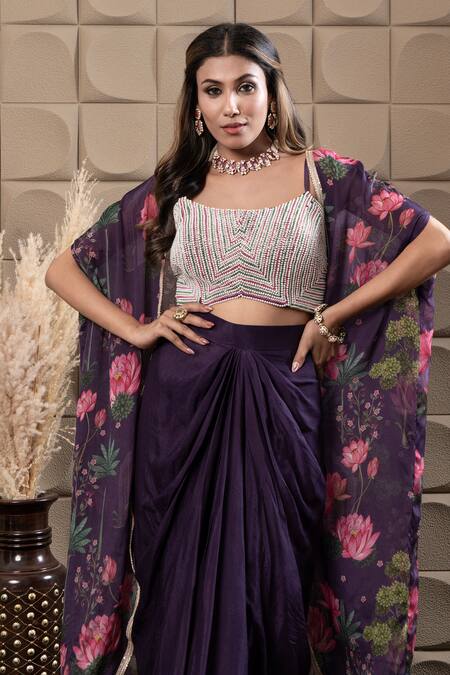 Label Flamingo By Vrinda_Purple Chiffon Cut Work, Sequins, Pearls Square Neck Floral Cape Drape Set _Online_at_Aza_Fashions