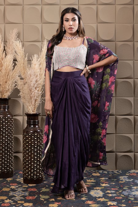 LABEL FLAMINGO BY VRINDA Purple Chiffon Cut Work, Sequins, Pearls Square Neck Floral Cape Drape Set 